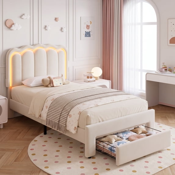 Hijob Twin Size LED Bed Frame for Girls/Kids with Storage Drawers, Velvet Upholstered Platform Bed with Adjustable Headboard, No Box Spring Needed, Beige