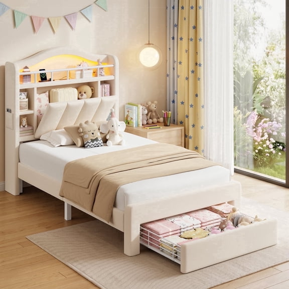 HiJob Twin Bed Frame for Kids & Teens with Storage Headboard & Drawers, Velvet Upholstered Bed with RGB LED Lights & Built-In Charging Station, Beige