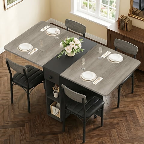 Hijob 47" Folding Dining Table for 4, Drop Leaf Dining Table with 6 Wheels and 2-Layer Storage Shelf, Space Saving Kitchen Table for Small Spaces, Apartment, Grey Carlo Oak + Matte Black