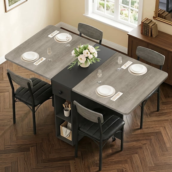 Hijob 47" Folding Dining Table for 4, Drop Leaf Dining Table with 6 Wheels and 2-Layer Storage Shelf, Space Saving Kitchen Table for Small Spaces, Apartment, Grey Carlo Oak + Matte Black