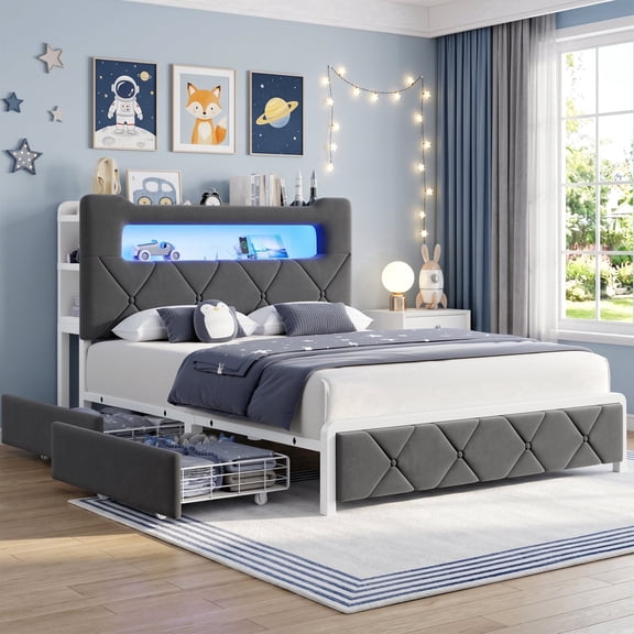 Hijob Full Size Bed Frame for Boys/Kids with 2-Tier Storage Headboard, Velvet Upholstered Platform Bed with 2 Storage Drawers, Built in Charging Station & LED, Gray