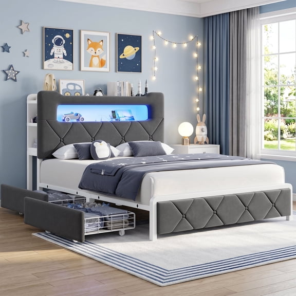 Hijob Full Size Bed Frame for Boys/Kids with 2-Tier Storage Headboard, Velvet Upholstered Platform Bed with 2 Storage Drawers, Built in Charging Station & LED, Gray
