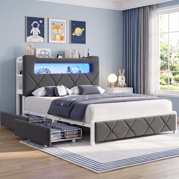 HiJob Full Size Bed Frame for Kids & Teens with Storage Headboard, LED Lights & Charging Station, Velvet Upholstered Platform Bed with 2 Drawers and Side Cabinets, Gray