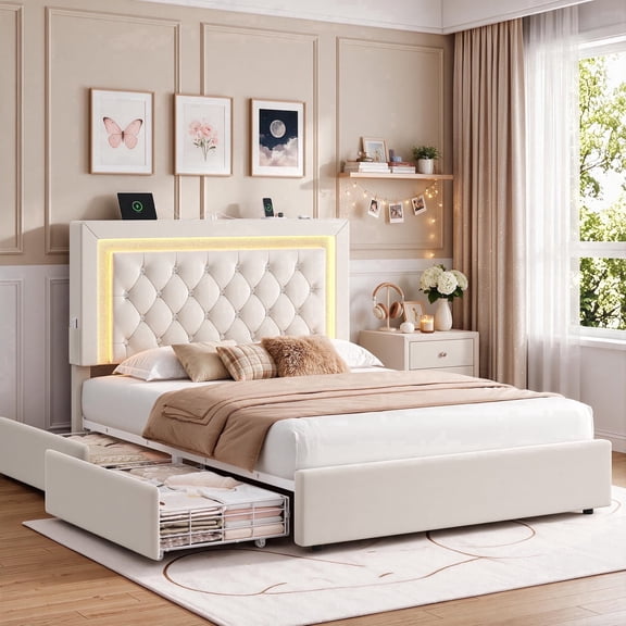 HiJob Full Size Bed Frame for Kids & Teens with Adjustable Headboard, Velvet Upholstered Platform Bed with LED Lights, Charging Station & Storage Drawers, Beige