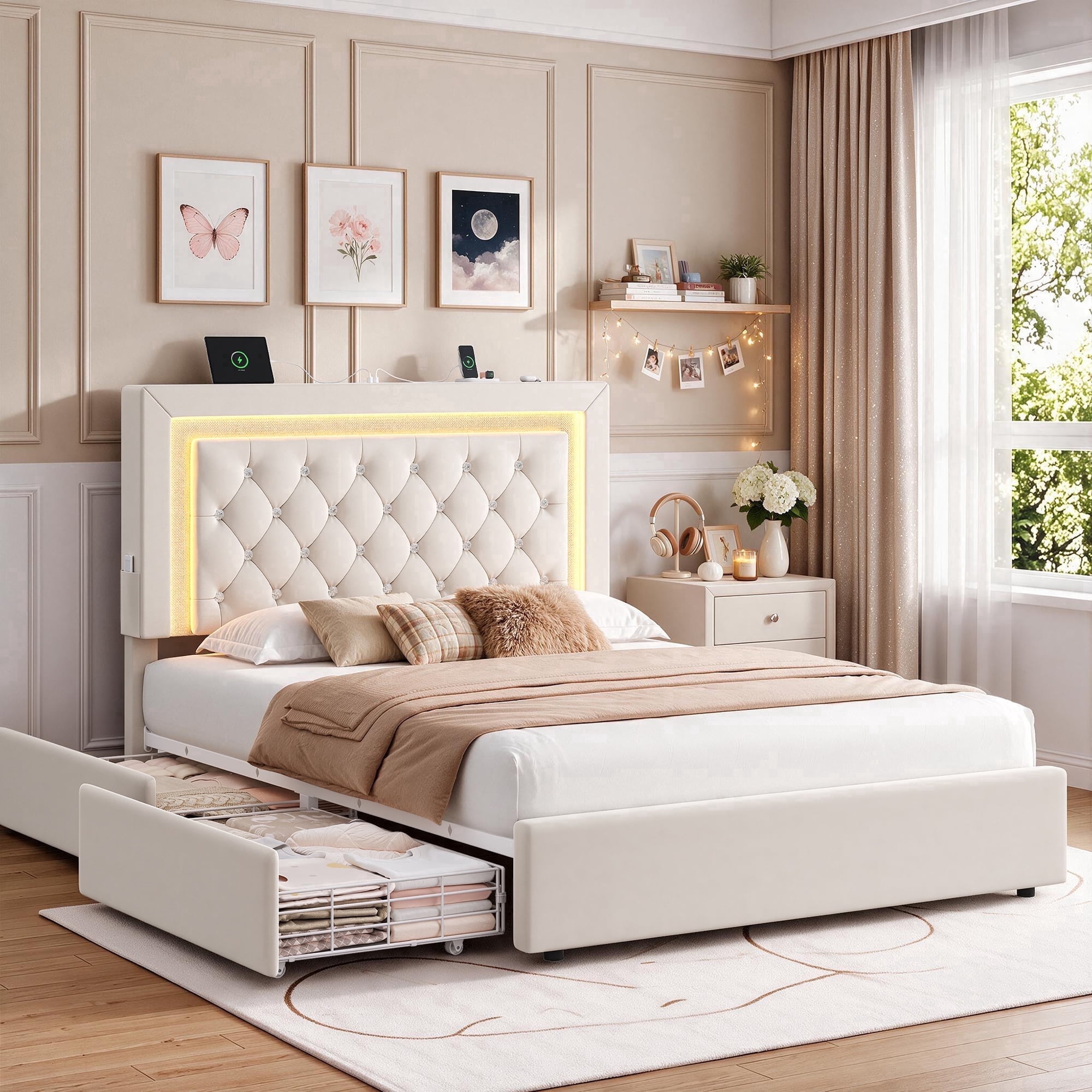 Hijob Full Size LED Bed Frame Girls Kids Storage Drawers Velvet Upholstered Platform Bed Adjustable Headboard Built Charging Station Beige: Reviewed for Real Life