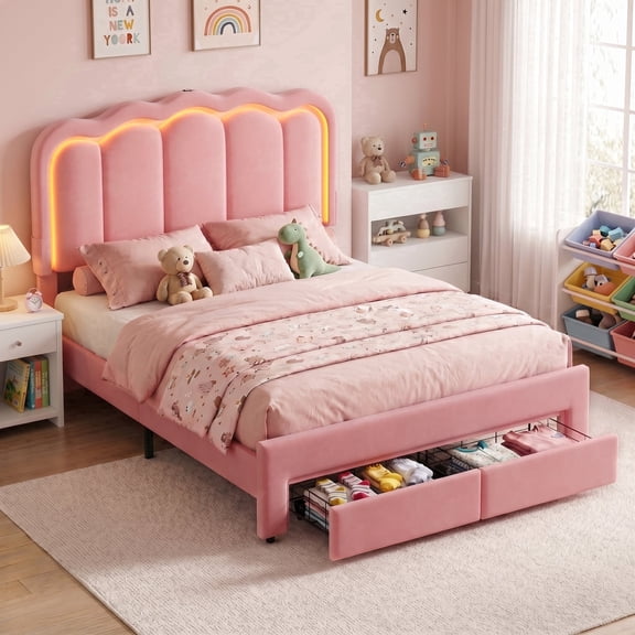 Hijob Full Size Bed Frame for Girls & Kids with Storage Drawers, Velvet Upholstered Platform Bed with Headboard & RGB LED, Built in Charging Station, Pink