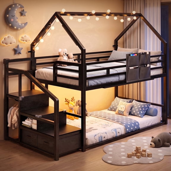 Hijob Twin Over Twin House Bunk Bed for Kids with Storage Stairs, LED Lights & Clothes Rack, Low Profile Metal Bunk Bed Frame with Guardrails, Black