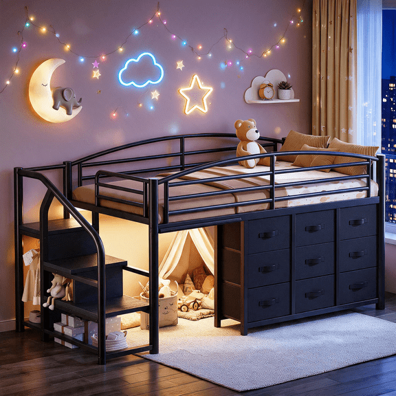 HiJob Low Loft Bed with 9 Storage Drawers, Corner Storage Stairs & LED Lights, Twin Loft Bed for Kids with Hanging Rod and Guardrails, Black
