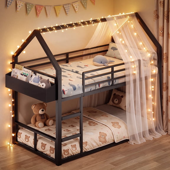 HiJob Twin Over Twin Low Metal Bunk Bed with Bedside Storage and RGB LED Lights for Kids, Black
