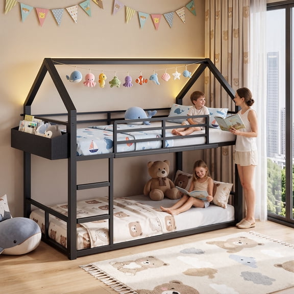 HiJob Twin Over Twin Low Metal House Bunk Bed with Bedside Storage and RGB LED Lights for Kids, Black