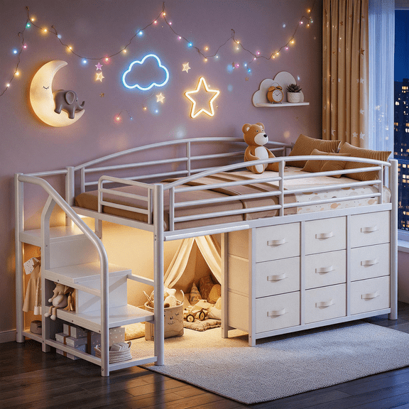 HiJob Low Loft Bed with 9 Storage Drawers, Corner Storage Stairs & LED Lights, Twin Loft Bed for Kids with Hanging Rod and Guardrails, White