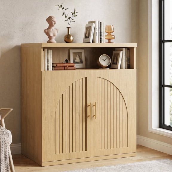 Hijob 31.5" Wide 2-Door Arched Fluted Buffet Sideboard Storage Cabinet,Credenza/Coffee Bar with Adjustable Shelf for Entryway/Dining Room/Kitchen/Living Room, Natural Oak