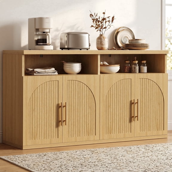 Hijob Modern Fluted Sideboard Cabinet, 63" Width Sideboard with Metal Handle w/Curved Profile Design, Semi-open Sideboard, Natural Oak