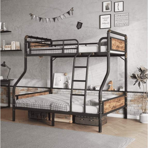 Hijob Twin over Full Bunk Bed, Antique Heavy Duty Metal Bed Frame with Storage Bag&Hooks for Adults Teens, Convertible into 2 Seperate Beds, Black&Brown