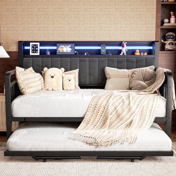 Hijob Twin to King Daybed, Heavy Duty Metal Bed Frame with Pop Up Trundle, LED Lights Charging Station Upholstered Storage Headboard, Twin Sofa Bed for Living Room Bedroom Guest Room, Black