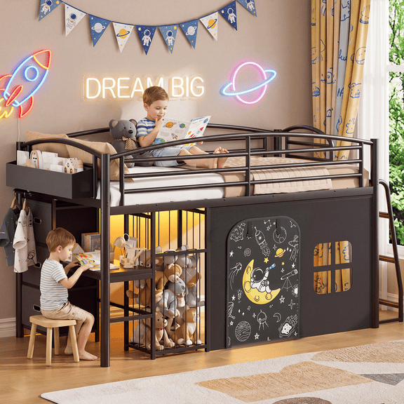HiJob Twin Low Loft Bed for Kids with 5 Storage Drawers, Desk & Toy Organizer, RGB LED Lights & Under-Bed Playhouse, 13.8" Guardrail, Black