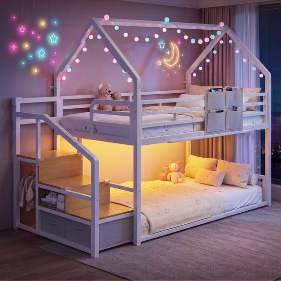 HiJob Twin Over Twin House Bunk Bed for Kids with Storage Stairs, LED Lights & Clothes Rack, Low Profile Metal Bunk Bed Frame with Guardrails, White