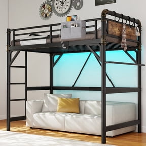 Hijob Twin Size Loft Bed with Removable Charging Station, LED Lights, Industrial Heavy Duty Metal Twin Loft Bed with Multi-functional Fabric Storage and Safety Guard Rails for Space, Black