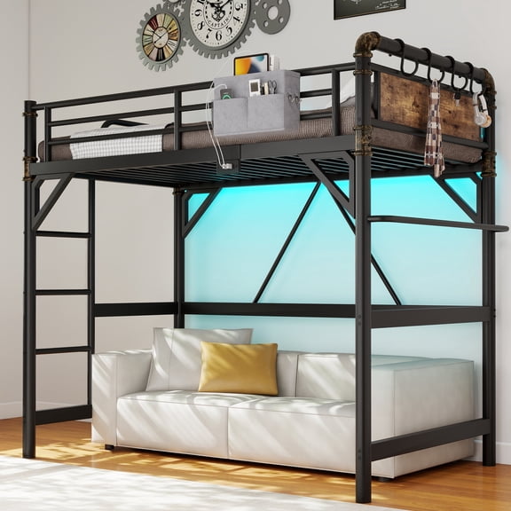 Hijob Twin Size Loft Bed with Removable Charging Station, LED Lights, Industrial Heavy Duty Metal Twin Loft Bed with Multi-functional Fabric Storage and Safety Guard Rails for Space, Black