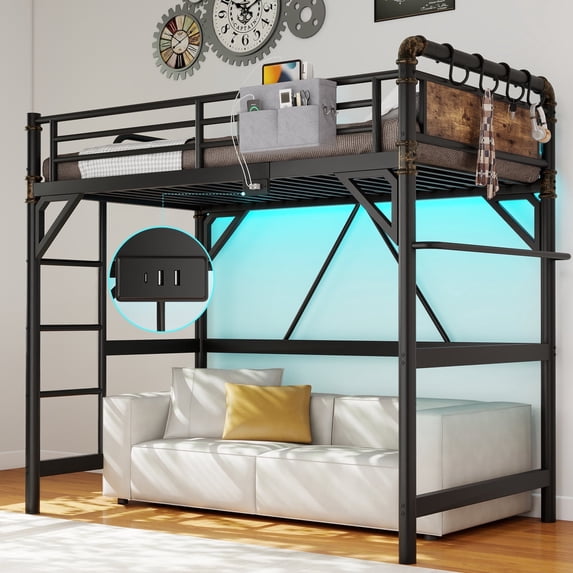 Hijob Twin Size Loft Bed with Removable Charging Station, LED Lights, Industrial Heavy Duty Metal Twin Loft Bed with Multi-functional Fabric Storage and Safety Guard Rails for Space, Black