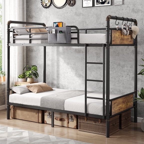 Hijob Twin over Twin Bunk Bed(Convertible into 2 Seperate Beds),Antique Heavy Duty Metal Bed Frame with Storage Bag&Hooks for Adults Teens,Black&Brown