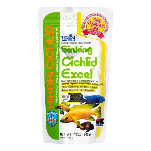 Hikari Sinking Cichlid Excel Mini Sinking Pellets Wheat Germ Cichlid Fish Food, 12 Oz