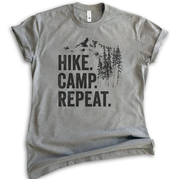 Hike Camp Repeat T-shirt, Unisex Women's Men's Shirt, Hike Shirt, Hiking Shirt, Camping Shirt, Camper Shirt, Dark Heather Gray, Medium