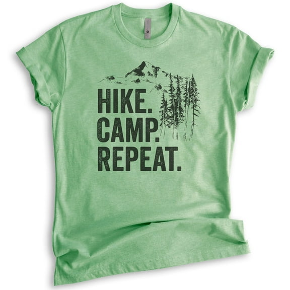 Hike Camp Repeat T-shirt, Unisex Women's Men's Shirt, Hike Shirt, Hiking Shirt, Camping Shirt, Camper Shirt, Heather Apple Green, Large