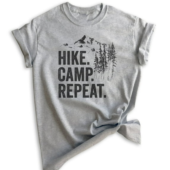 Hike Camp Repeat T-shirt, Unisex Women's Men's Shirt, Hike Shirt, Hiking Shirt, Camping Shirt, Camper Shirt, Heather Gray, 3X-Large