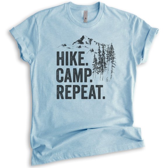 Hike Camp Repeat T-shirt, Unisex Women's Men's Shirt, Hike Shirt, Hiking Shirt, Camping Shirt, Camper Shirt, Heather Light Blue, XX-Large
