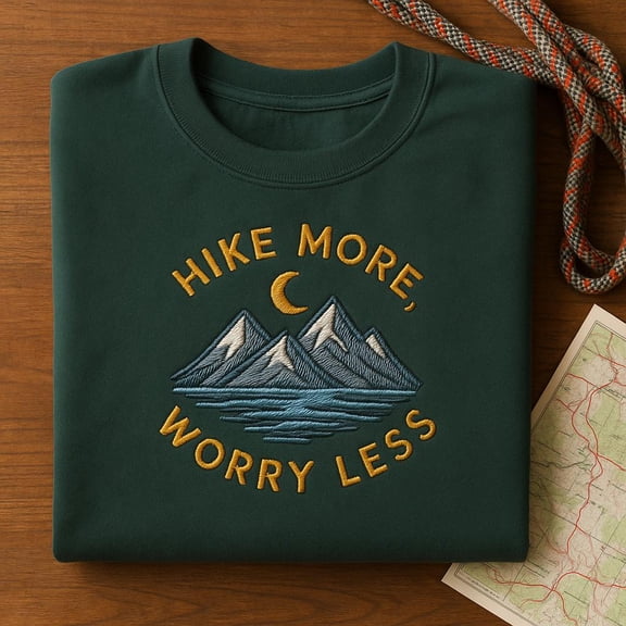 Hike More Worry Less Embroidered Hoodie, Mountain Moon Sweatshirt, Nature Hiking Crewneck, Outdoor Mental Health Gift