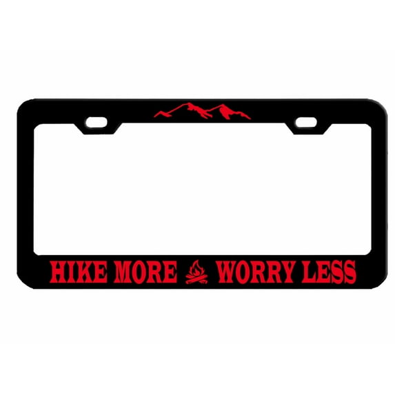 Hike More Worry Less License Plate Frame Mountains Adventure Await/Car Accessories Auto License Plate Frame Car Tag Holder (Black/Red)
