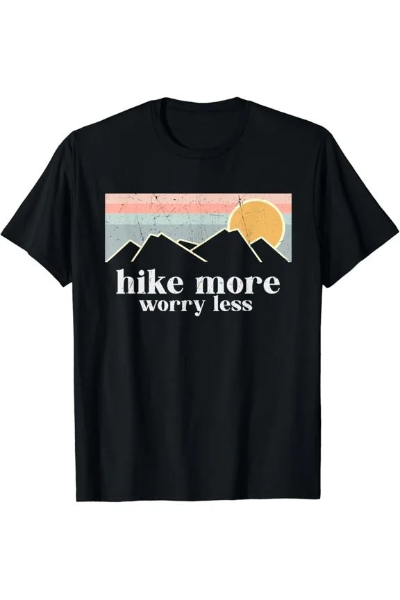 Hike More Worry Less Retro Mountain Sunset Wilderness Backpacker Unisex T-Shirt, S-5XL
