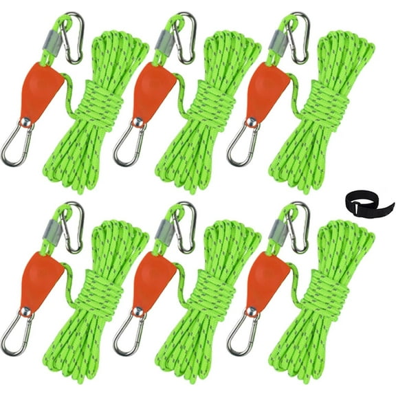Hikeman Camping Rope with Ratchet Pulley,Quick Setup Outdoor Guy Lines Adjustable Tent Tie Downs Rope Hanger for Canopy,Kayak and Canoe,Grow Light (6PCS,Green)Z