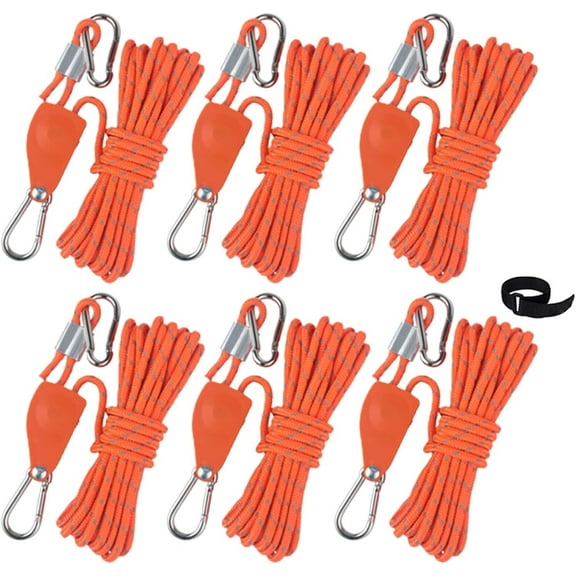 Hikeman Camping Rope with Ratchet Pulley,Quick Setup Outdoor Guy Lines Adjustable Tent Tie Downs Rope Hanger for Canopy,Kayak and Canoe,Grow Light (6PCS,Orange)Z
