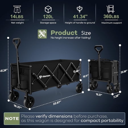 Hikemoon 34" Extra Long Collapsible Wagons Carts Foldable