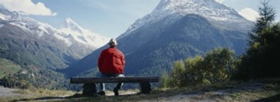 Hiker Contemplating Mountains Switzerland Canvas Art - Panoramic Images (36 x 13)