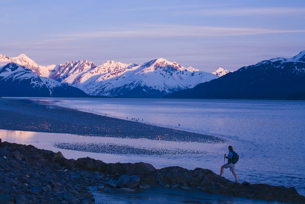 Hiker At Dusk On Ridge Overlooking Turnagain Arm With Sun Setting On Chugach Mountains In Southcentral Alaska Canvas Art - Michael DeYoung Design Pics (17 x 11)