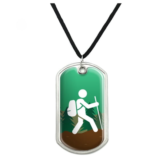 Hiker Hiking Symbol Mountain Nature Military Dog Tag Pendant Necklace with Cord