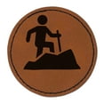 thumbnail image 1 of Hiker Hiking up Mountain Icon 2.5" Faux Leather Round Engraved Iron-On Patch - Brown, 1 of 6