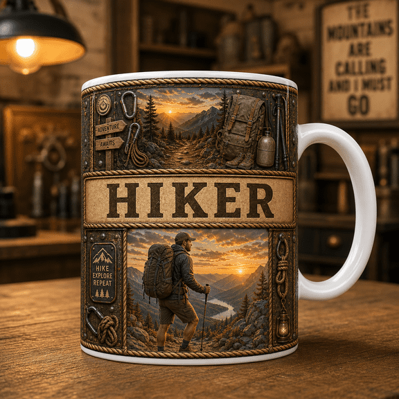 Hiker Mug Adventure Coffee Cup, Hiking Gift for Backpacker and Trail Lover