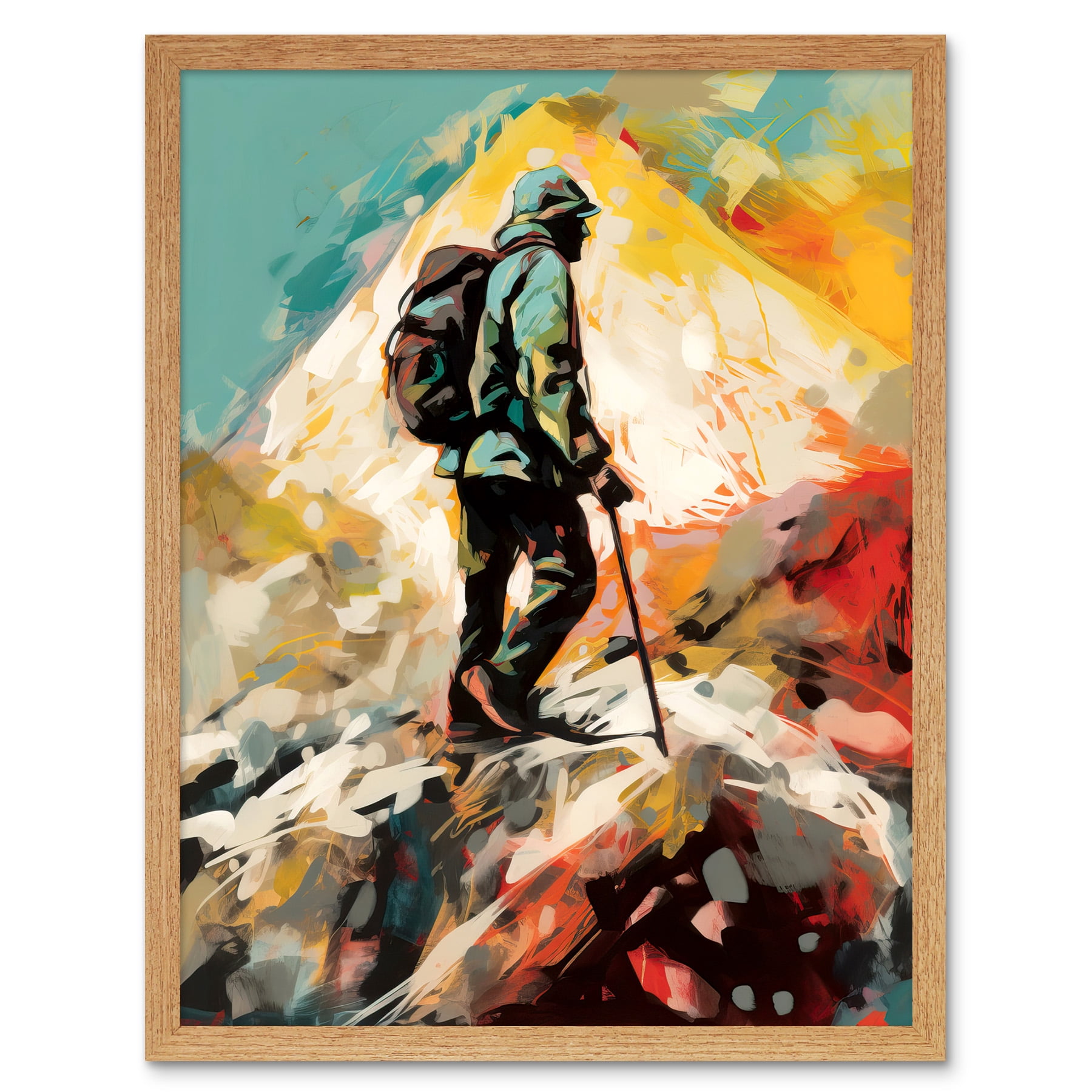 Hiker Reaching Mountain Peak Modern Oil Painting Art Print Framed ...