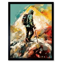 Hiker Reaching Mountain Peak Modern Oil Painting Art Print Framed Poster Wall Decor 12x16 inch