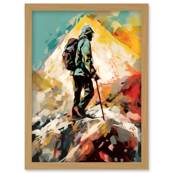 Hiker Reaching Mountain Peak Modern Oil Painting Artwork Framed Wall Art Print A4