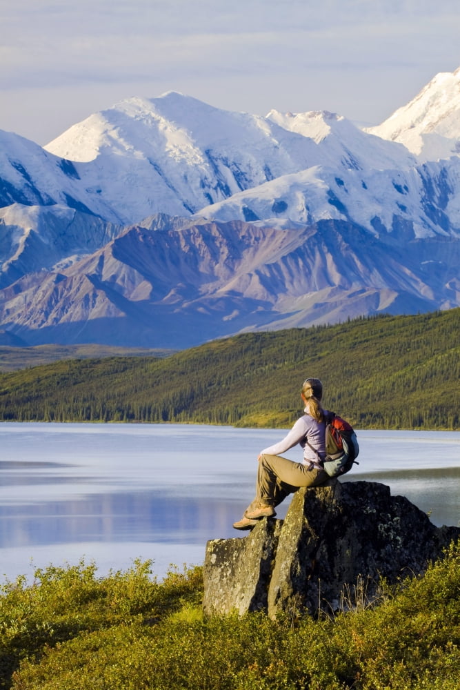 Hiker Sits And Enjoys A View Of Wonder Lake And Mt Mckinley During Late Summer In Interior Alaska Canvas Art - Michael DeYoung Design Pics (22 x 34)