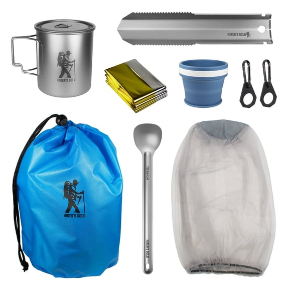 Hiker's Gold Backpacking Essentials Kit, 9-Piece Ultralight Camping Gear Set with Titanium Pot, Spoon and Trowel