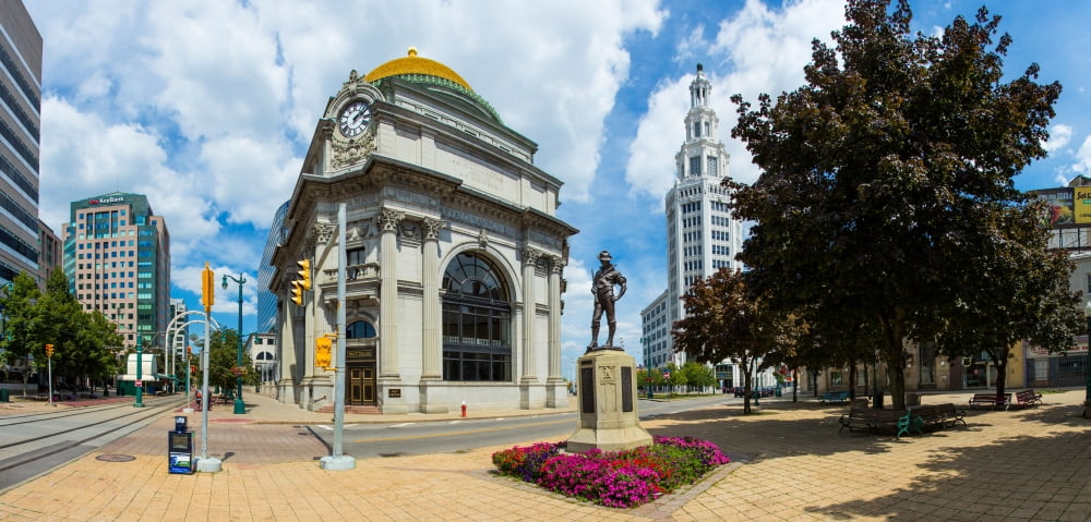 The Hiker sculpture at Theodore Roosevelt Plaza Buffalo Savings Bank General Electric Building Buffalo New York State USA Canvas Art - Panoramic Images (36 x 12)