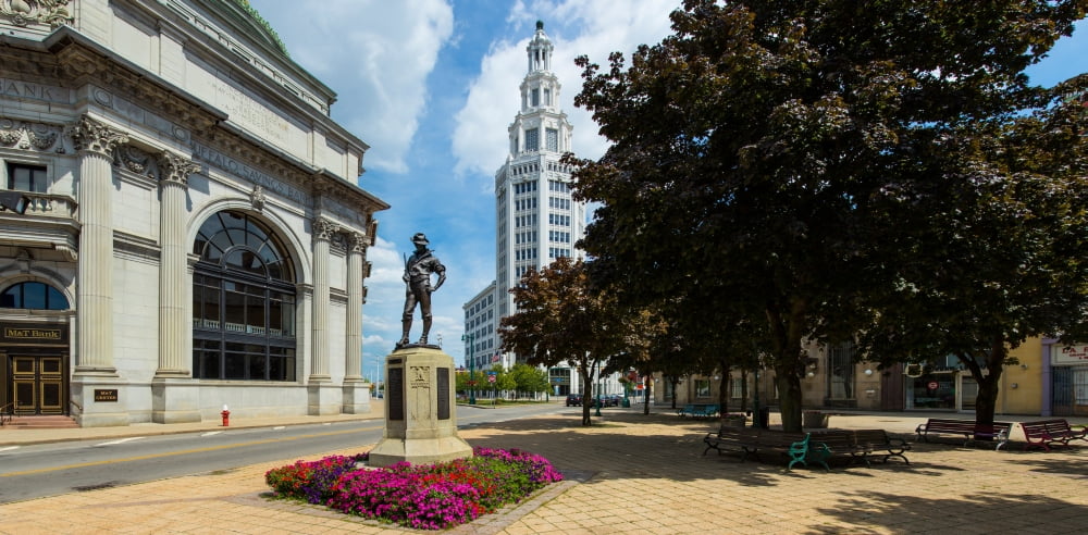 The Hiker sculpture at Theodore Roosevelt Plaza Buffalo Savings Bank General Electric Building Buffalo New York State USA Canvas Art - Panoramic Images (36 x 12)