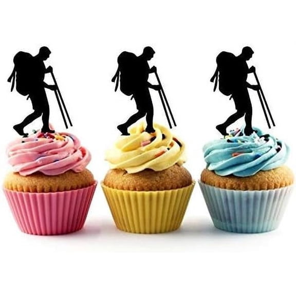 Hiker with Trekking Poles Silhouette Acrylic Cupcake Toppers,6 Pieces Black Outdoor Adventure Picks for Camping Party, Nature Lover Decor