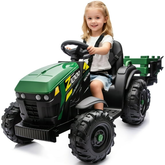 Hikiddo 24 Volt Ride on Toys, Kids Electric Ride On Tractor with Trailer - Green
